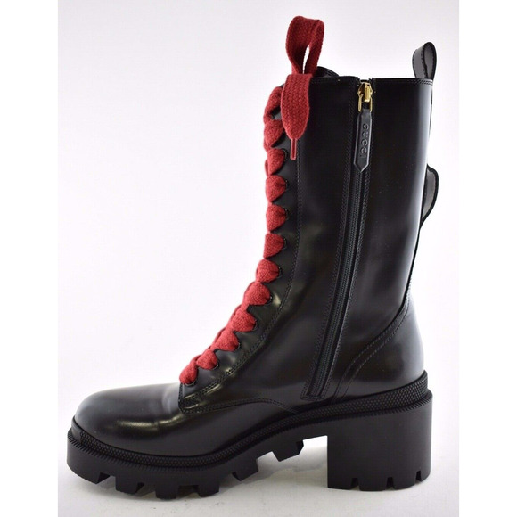 Gucci Trip Black Leather Red Green Web Stripe Mid Calf Block Heel Combat Boot 35 - Picture 8 of 12